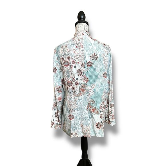 Chico's Blazer Open Front Moroccan Paisley Jacket Turquoise Peach White 2/Large - Picture 3 of 4